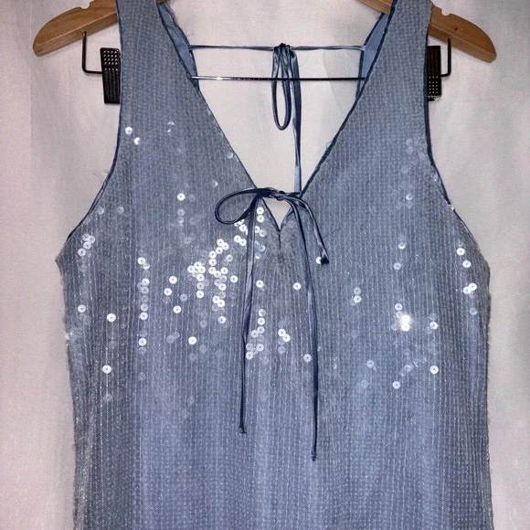 Crystal Doll Light Blue Sequin Mesh V-Neck Tie Back Cocktail Dress XL NWOT - Picture 2 of 9